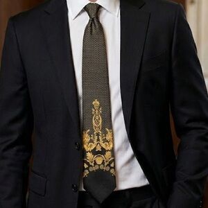 Gianni Versace Barocco Medusa Black and Gold Patterned Silk Tie - Vintage